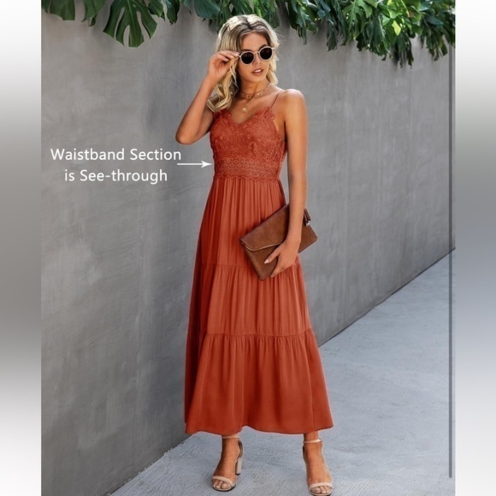 Women's Crochet Lace Maxi Dress Summer Orange Spaghetti Strap Long Dress XL Boho